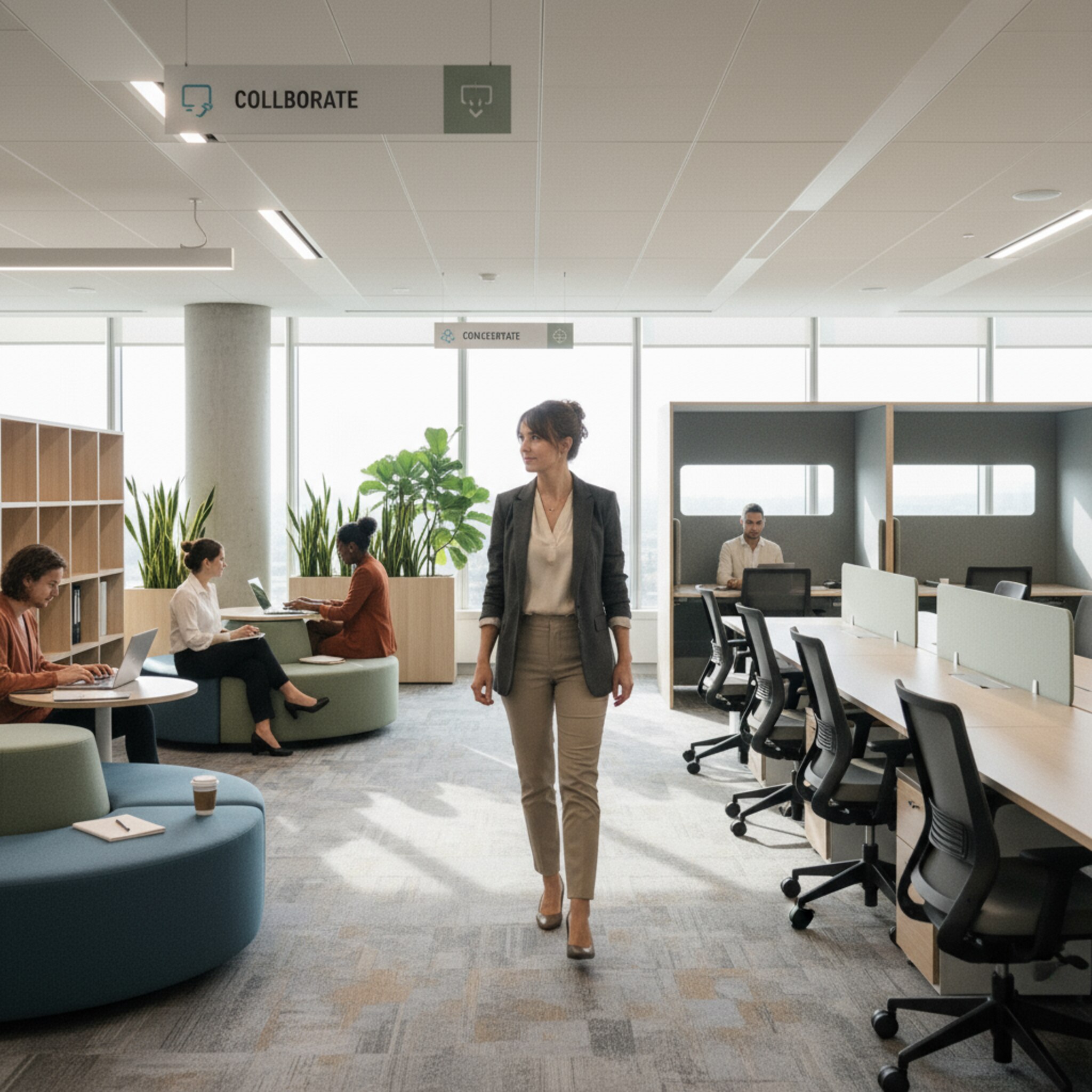 Auf einer Etage sind einige Arbeitsinseln belebt, andere bewusst leer, Stühle sauber eingerückt. Ein Facility-Lead geht langsam den Gang entlang und beobachtet die Nutzung in den Zonen. Tageslicht zeichnet weiche Schattierungen. Die Szene vermittelt Übersicht, Balance und Potenzial für bessere Flächennutzung.