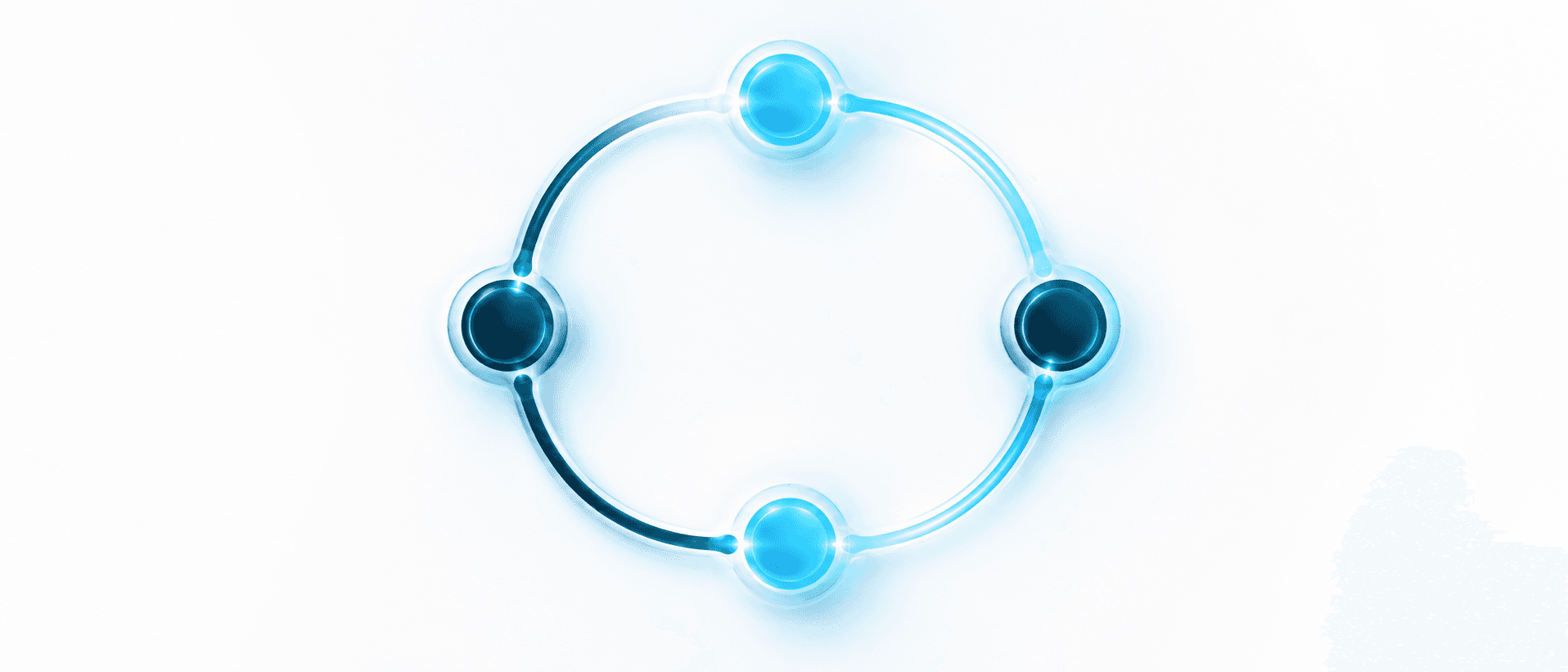A circular loop of four connected teal and cyan nodes on a white background, representing a repeatable content maintenance cycle for small businesses.