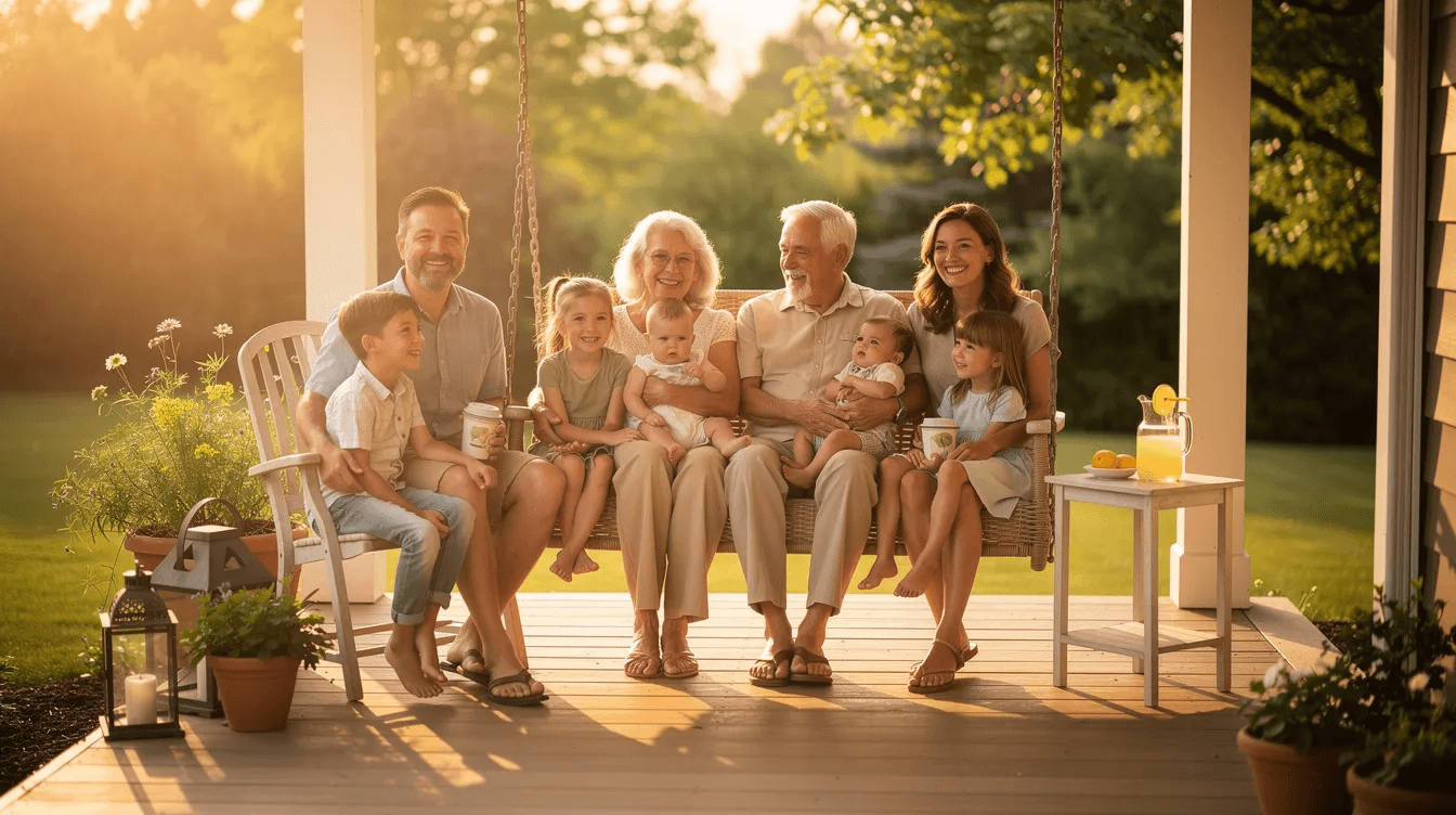 A multi-generational family is enjoying a warm, sunny day together on a porch, showcasing the importance of family bonds and shared moments. This scene reflects the value of tangible assets, much like how investors view gold and bitcoin as safe havens for wealth preservation amidst economic uncertainty.