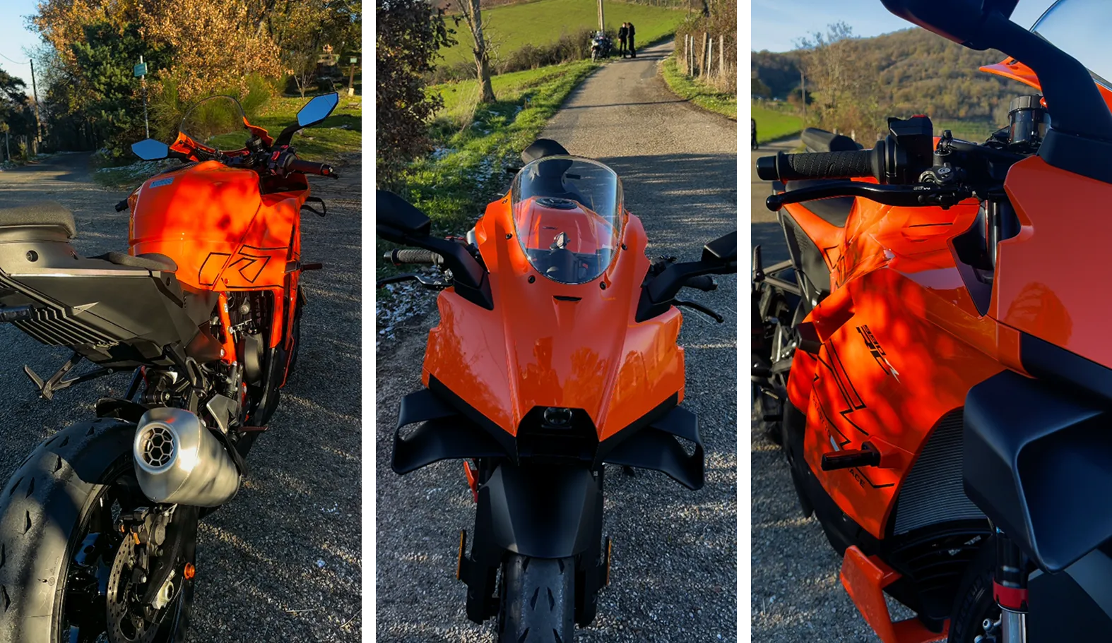 KTM RC 990 R en balade, vues détaillées de la moto sur route lors d’une sortie de 100 km avec des amis.
