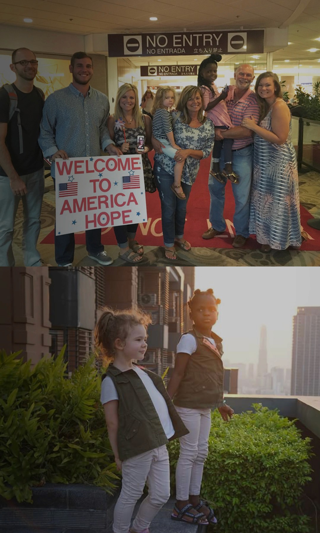 Pinkston family being welcomed at the airport with a sign saying "Welcome to America Hope"; Lauren's daughters at sunset