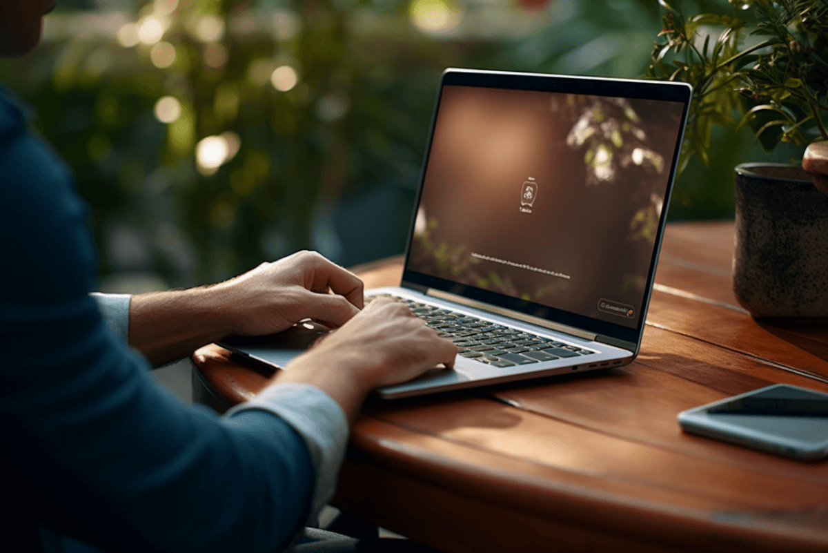Arbete med webbdesign och strategi vid datorn – modern digital studio i Stockholms skärgård.