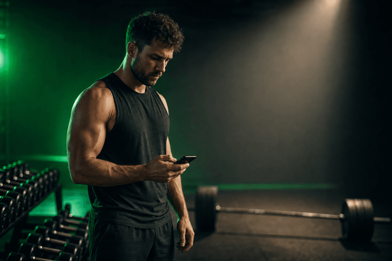 Lifter checking his training data on a phone between sets in a dark gym
