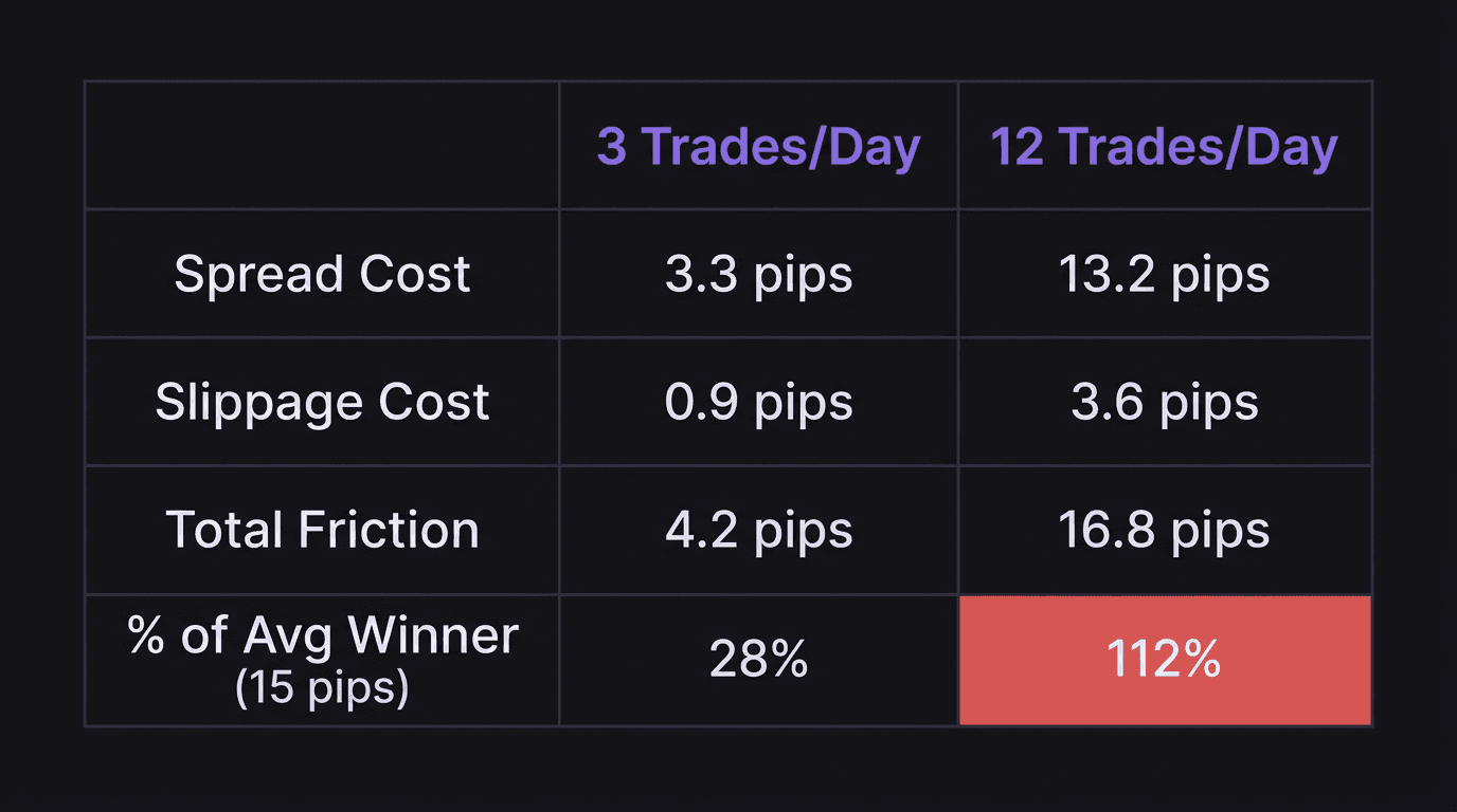Comparison table showing cost difference between 3 trades and 12 trades per day on EUR/USD