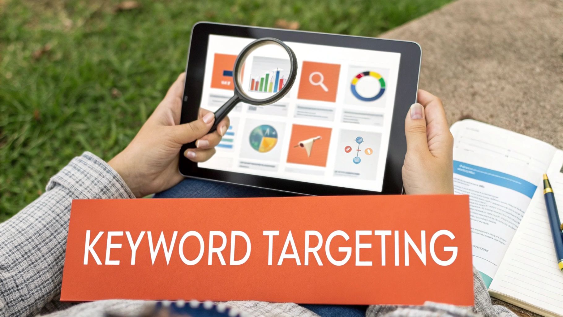 Person analyzing data on a tablet with a magnifying glass, holding a 'KEYWORD TARGETING' sign.