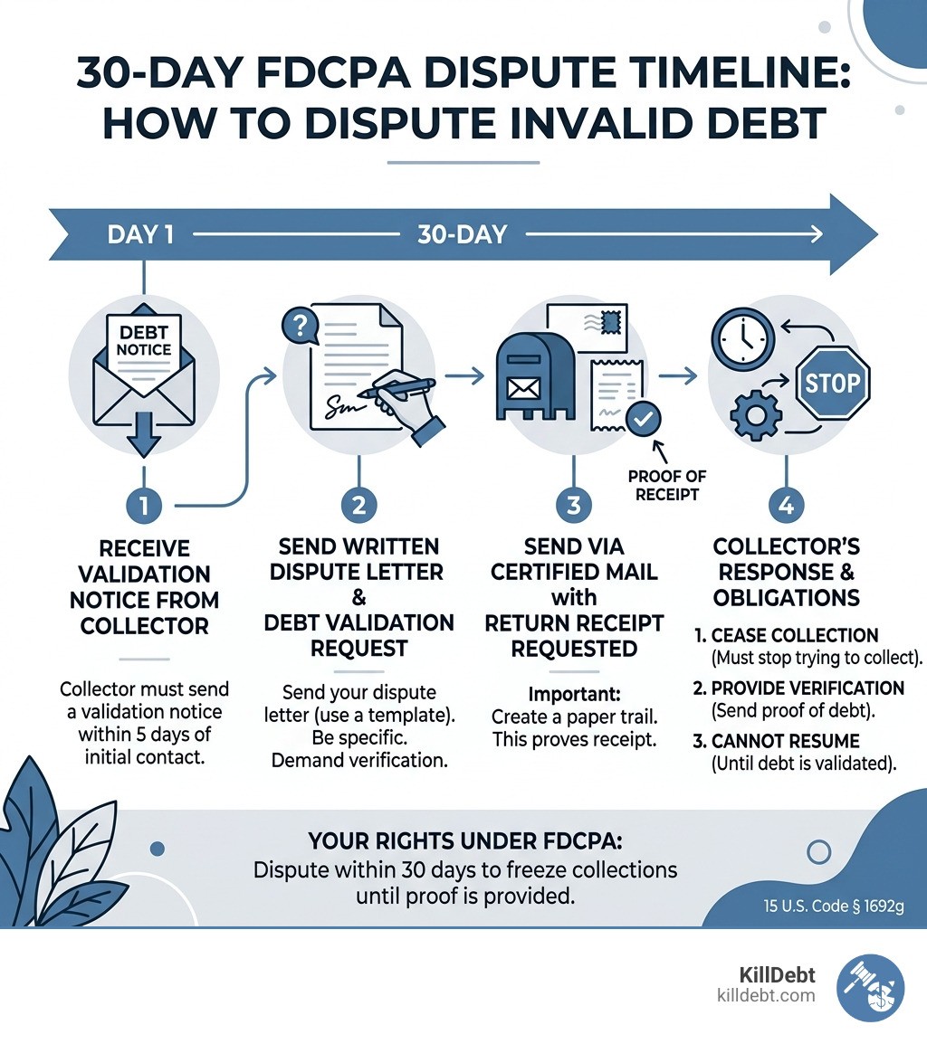 30-day FDCPA dispute timeline infographic showing steps from receiving notice to collector response - dispute invalid debt