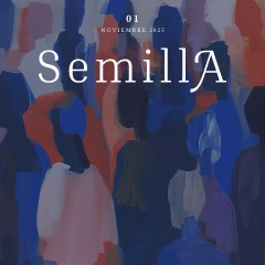 Portada de Revista Semilla I: «Pensar el Estado», primera edición de la Revista Semilla, mostrando una ilustración de trazos gruesos de pintura que representan a una multitud de personas. 