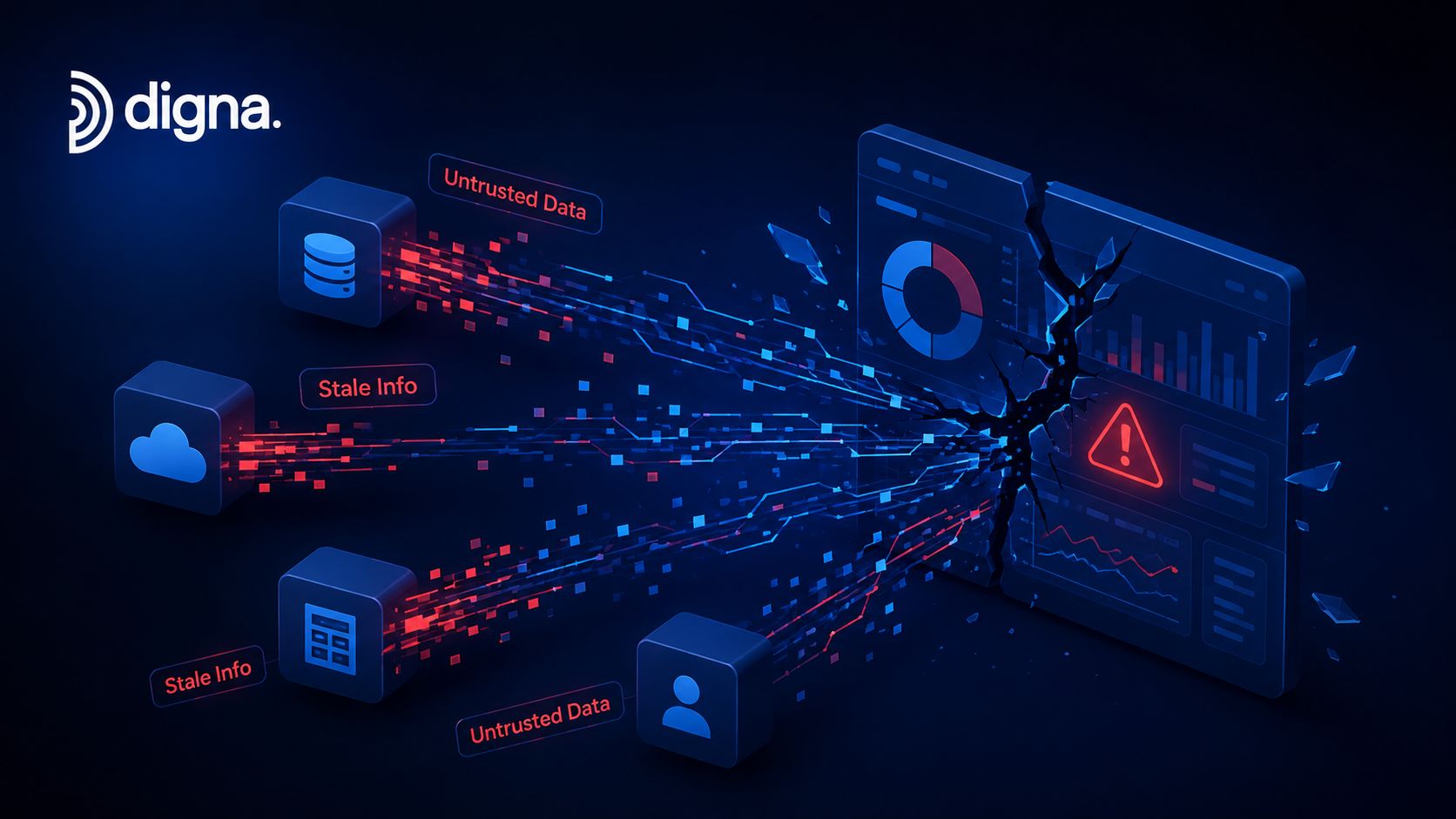 A digital graphic depicting data management issues with broken dashboard screens and scattered information symbols.