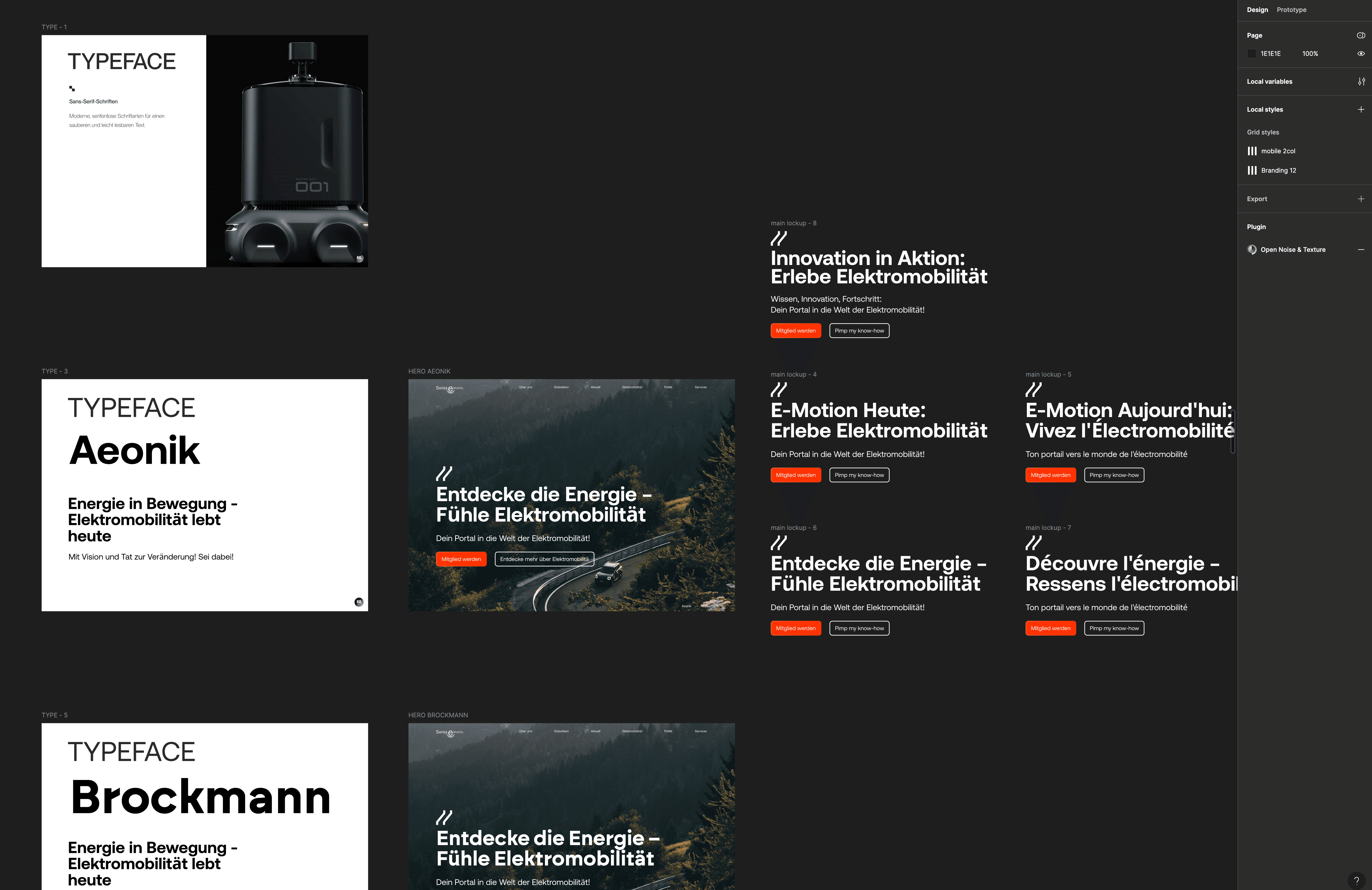 Typografie-Studie für die Website swiss-emobility.ch, zeigt verschiedene Schriftarten und Layouts mit modernen Textblöcken und Überschriften für Elektromobilität-Design.