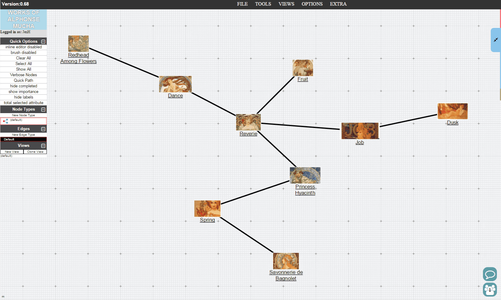 A later iteration of the KiWorks application showcasing a collection of Alphonse Mucha-related knowledge nodes.