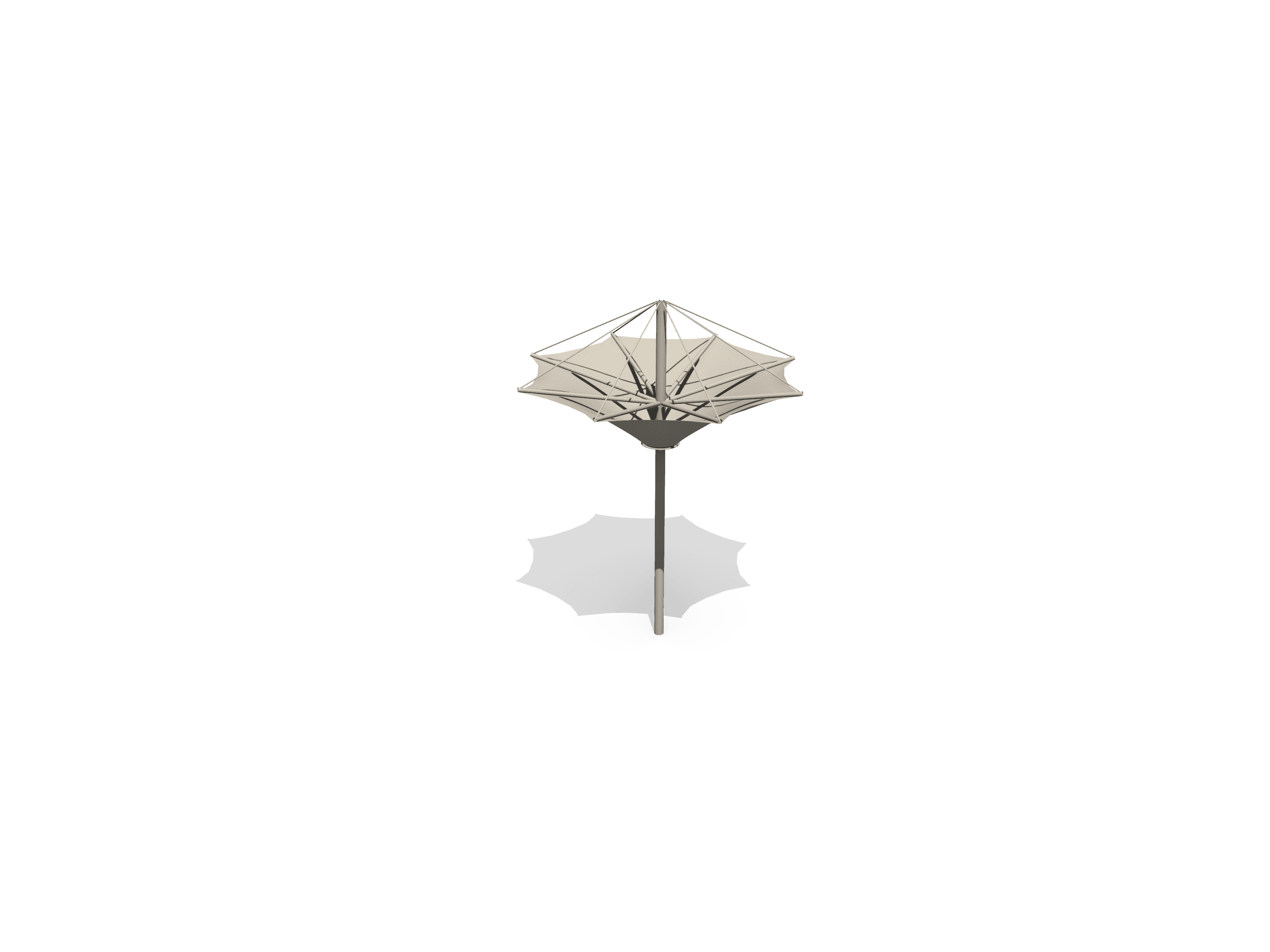 Three-dimensional model of an open umbrella casting a shadow at 2 PM
