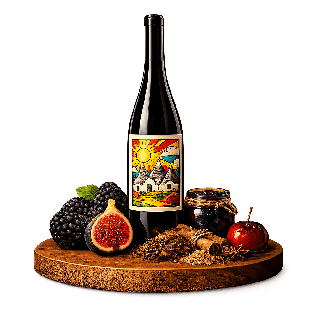 Artistic label and flavor profile for Southern Italy Primitivo on a rustic wooden table.