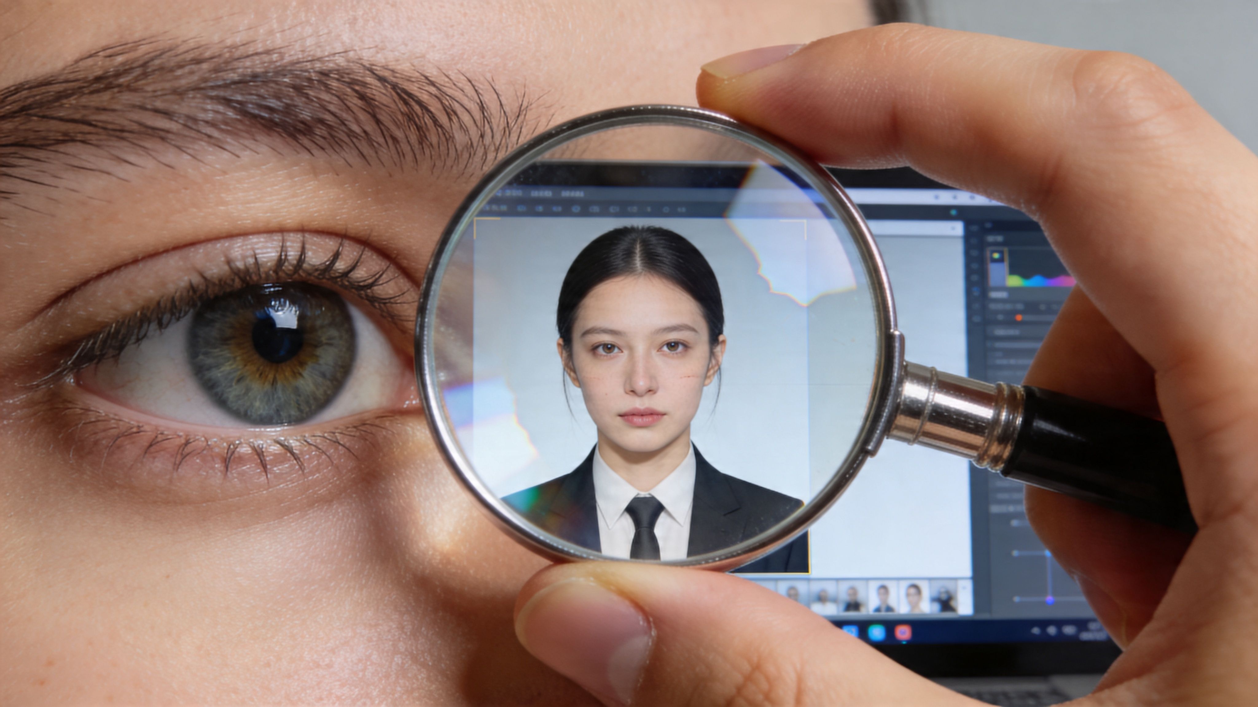 Ein Auge betrachtet eine junge Frau durch eine Lupe auf einem Bildschirm bei der digitalen Bildbearbeitung.