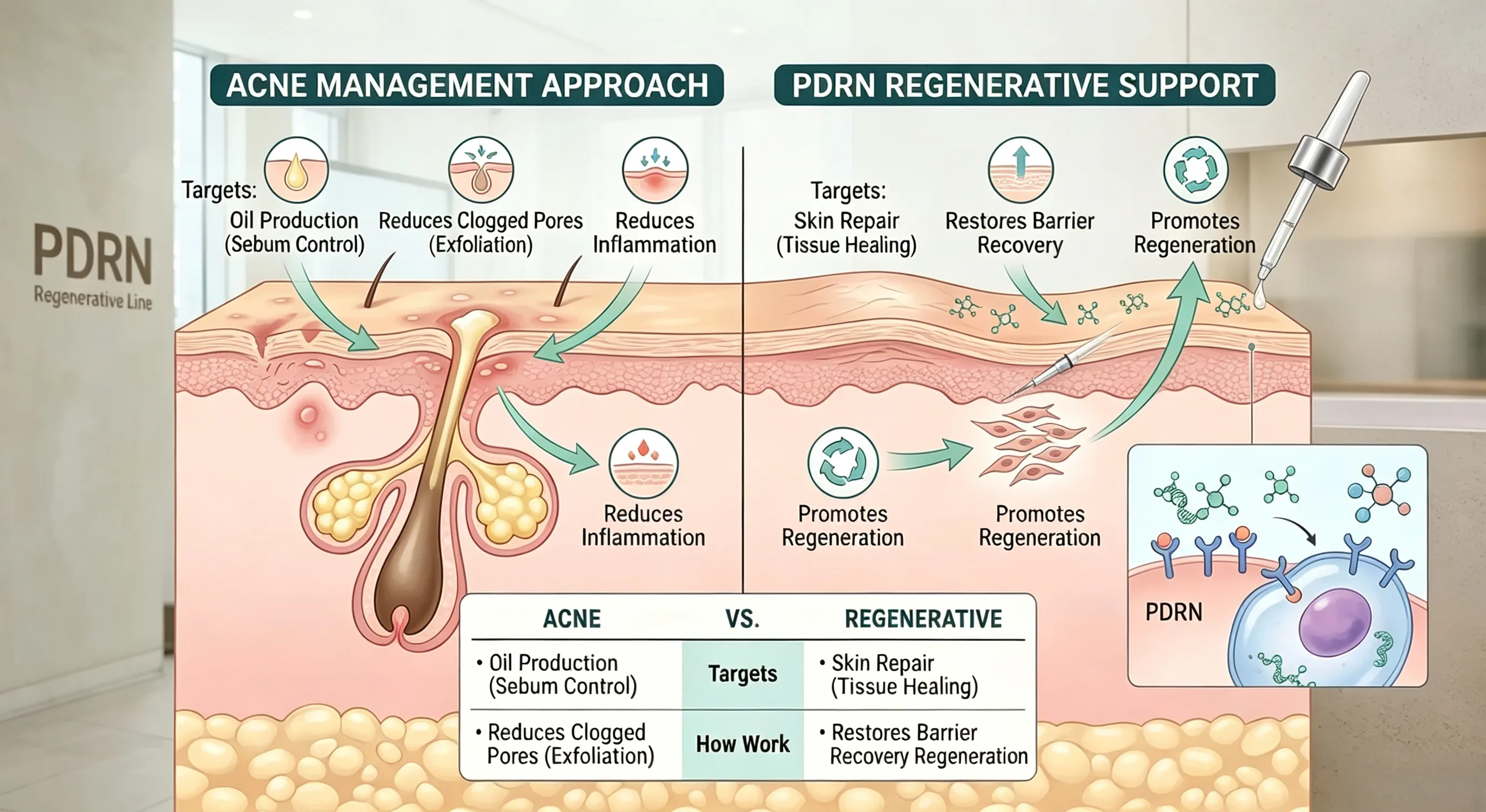 Difference between PDRN skin recovery support and acne treatment approaches