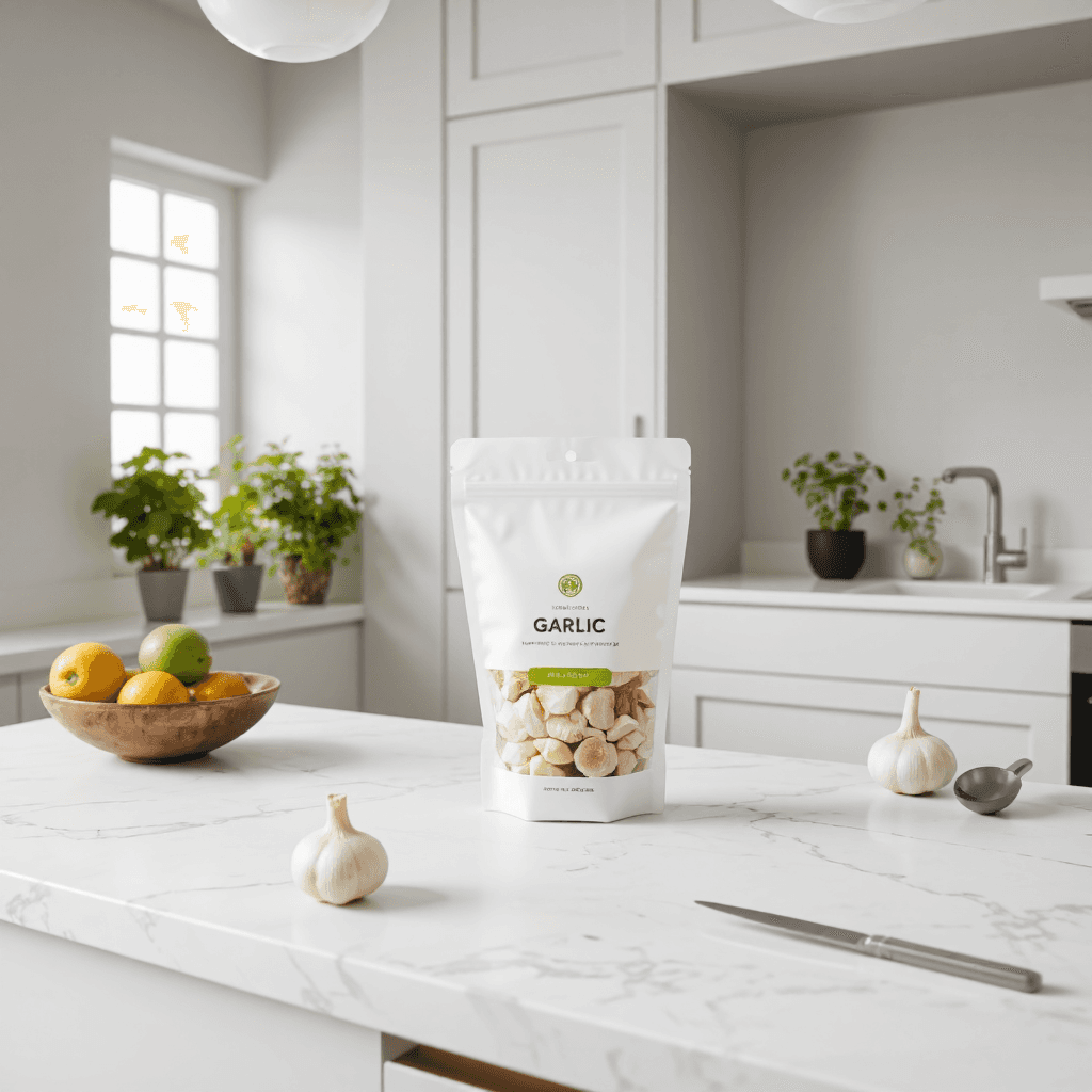 product photography of zip bag with garlic