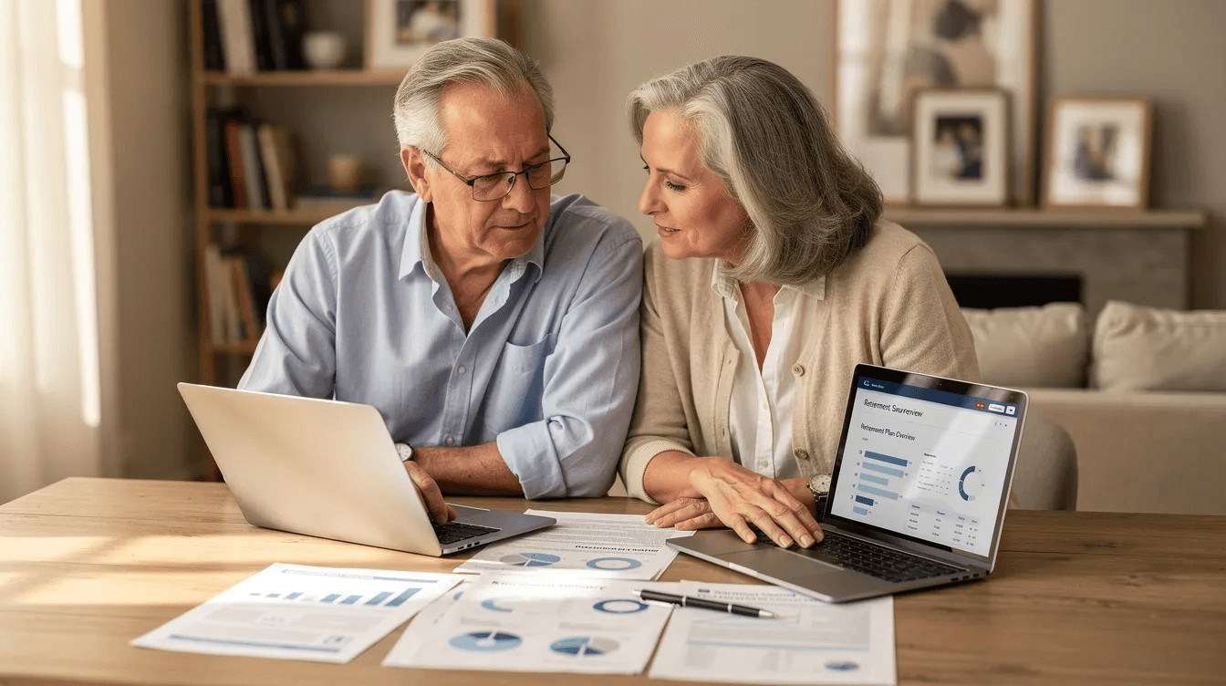 An older couple sits together at a table, reviewing retirement planning documents, including details about health savings accounts (HSAs) and qualified medical expenses. They appear engaged in discussion, considering investment strategies for their HSA funds to cover future healthcare costs and maximize tax efficiency.