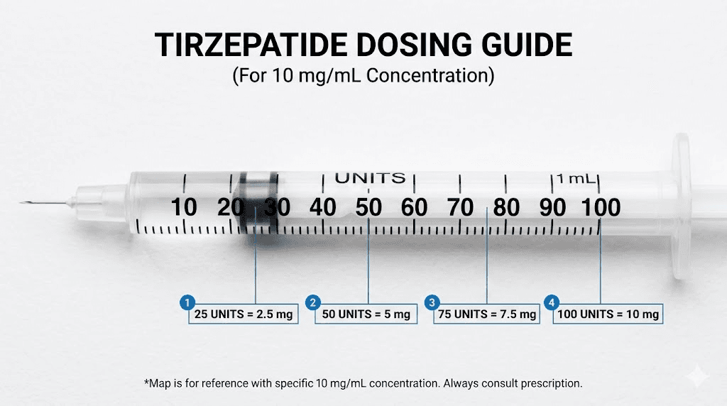 Tirzepatide dosing syringe markings and unit to mg conversion guide