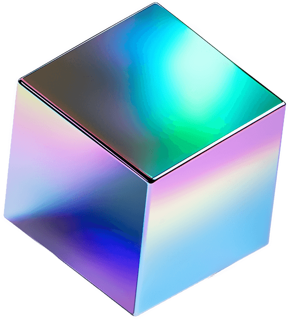 A digital rendering of a cube with highly reflective, iridescent surfaces. The cube displays a spectrum of colors, including shades of blue, green, pink, and purple, creating a dynamic and visually striking appearance.