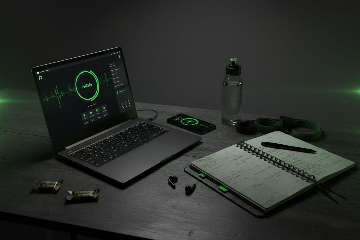 Laptop, phone, and workout notebook on a desk