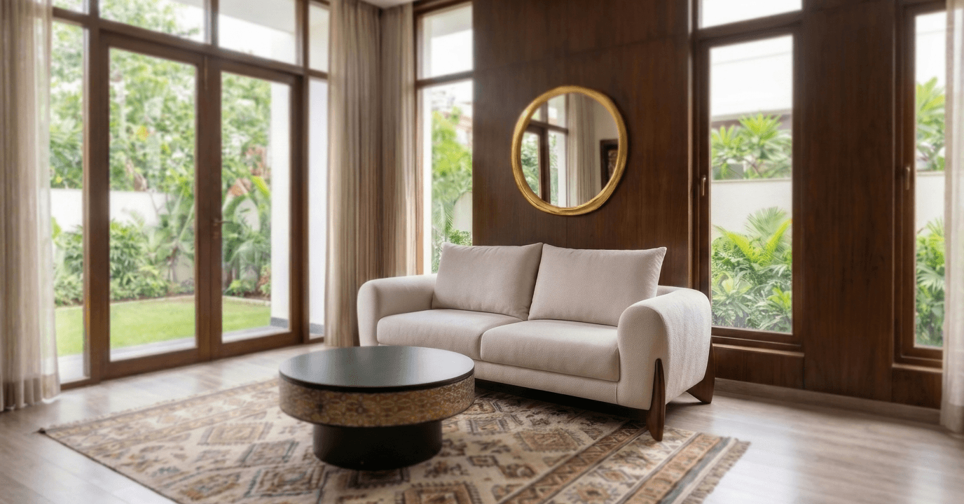 Luxury home decor featuring a reclining Buddha statue styled with an ornate framed mirror