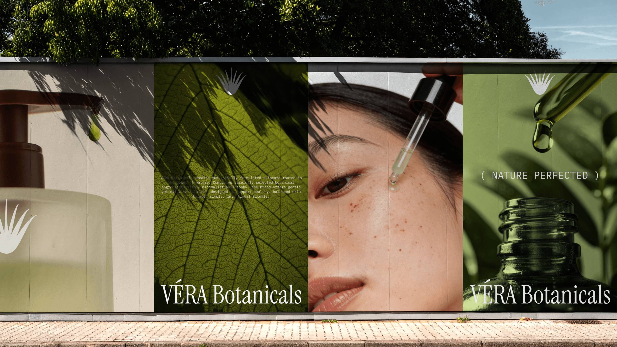 Poster designs for the organic skincare brand VÉRA Botanicals. The poster on the far left features a photo of the brand's product. The next poster features a green leafy-textured background with the brand logo printed on the bottom and some text in the center of the poster. The next poster features an image of a woman using a skincare dropper on her face. The next poster features a closup shot of a green skincare dropper with the brand logo printed on the bottom of the poster and the words "( NATURE PERFECTED )" printed in the center of the poster.