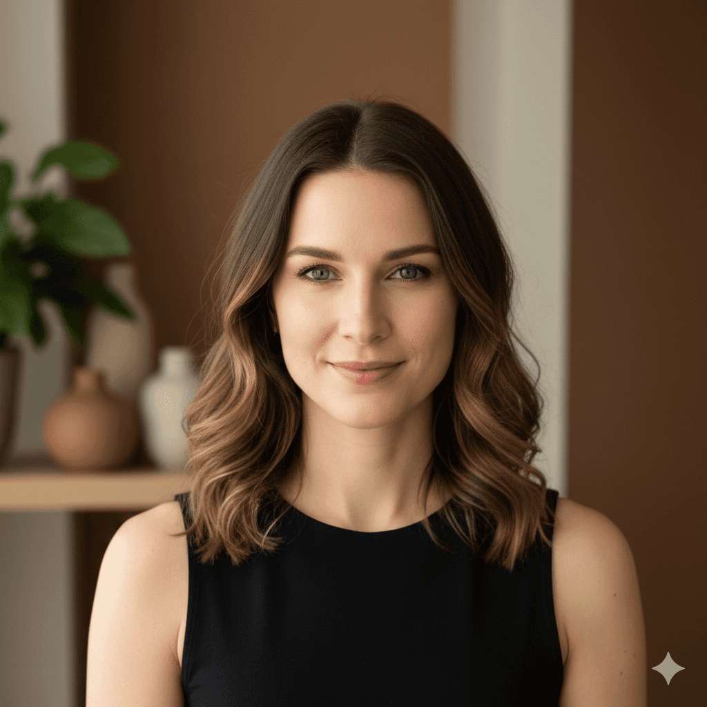 Portrait of a woman with wavy brown hair and a black top, smiling subtly. Warm-toned background with green plant and brown pottery adds calmness.