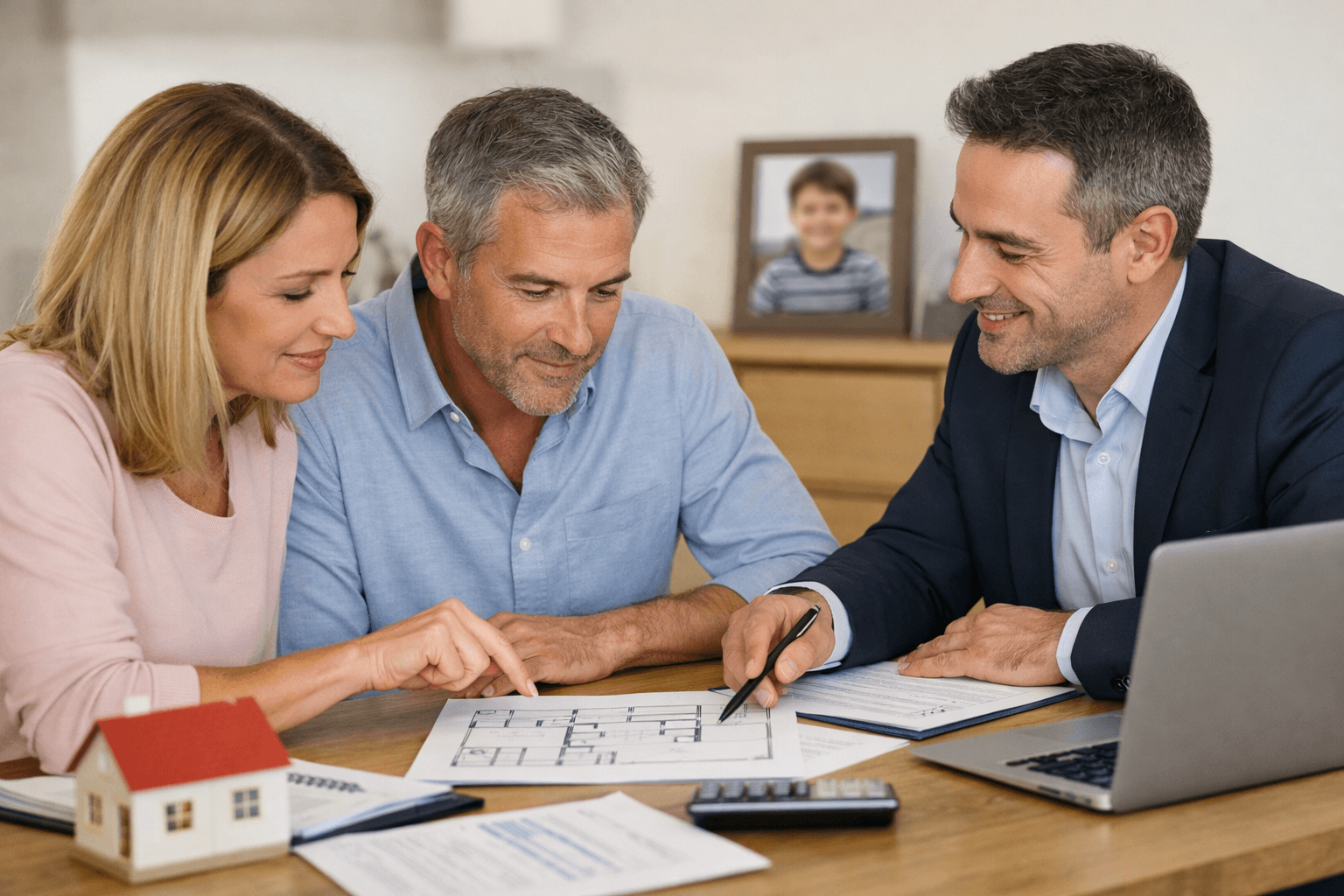 הורים יושבים עם יועץ נדל״ן ובוחנים תוכנית דירה להשקעה עבור הילדים, לצד מודל בית ומסמכים פיננסיים – מייצג ליווי משקיעים מקצועי בקניית דירה להשקעה לילדים.