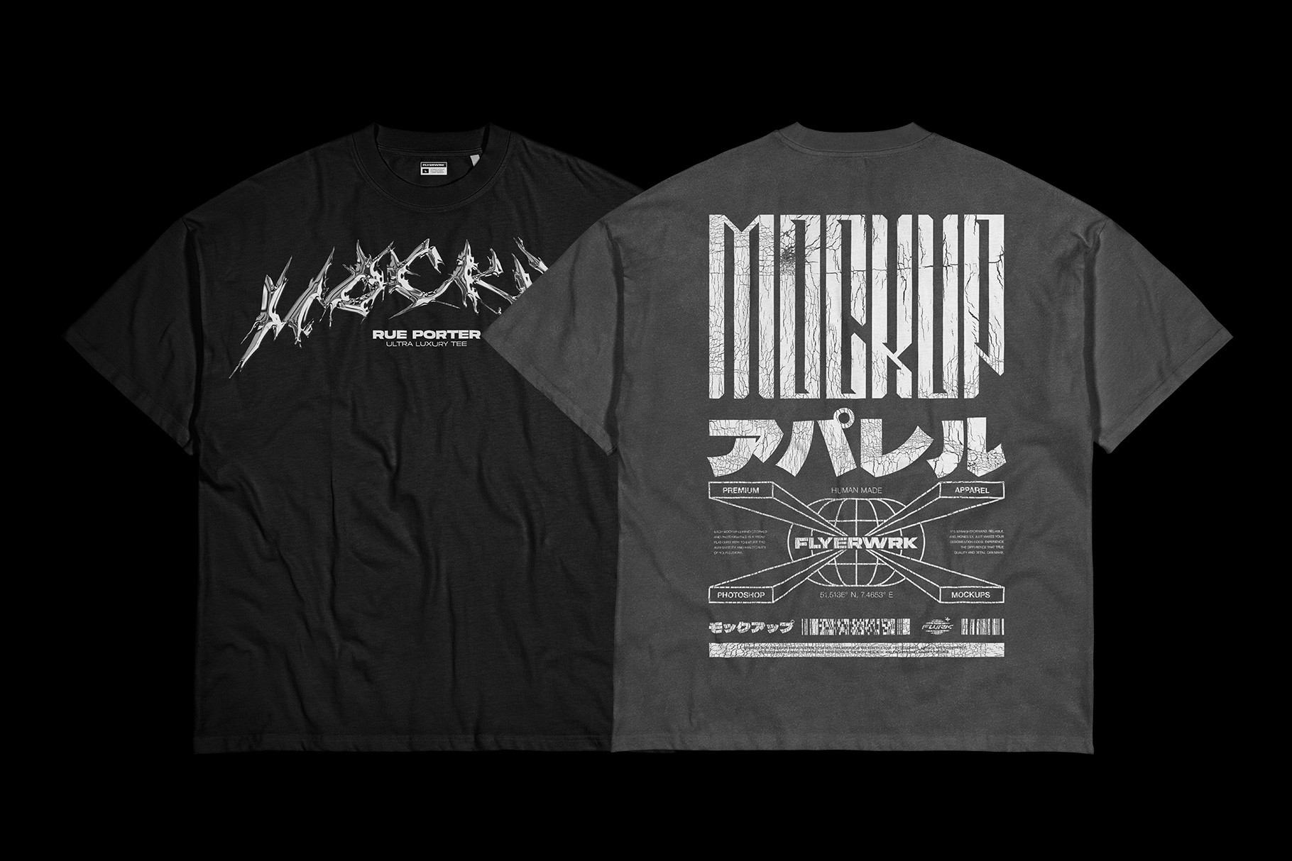 Rue Porter T-Shirt wrinkled mockup showing front and back design preview