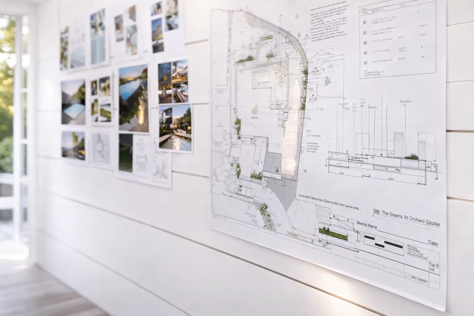 Landscape design plans and project inspiration photos displayed on a studio wall.