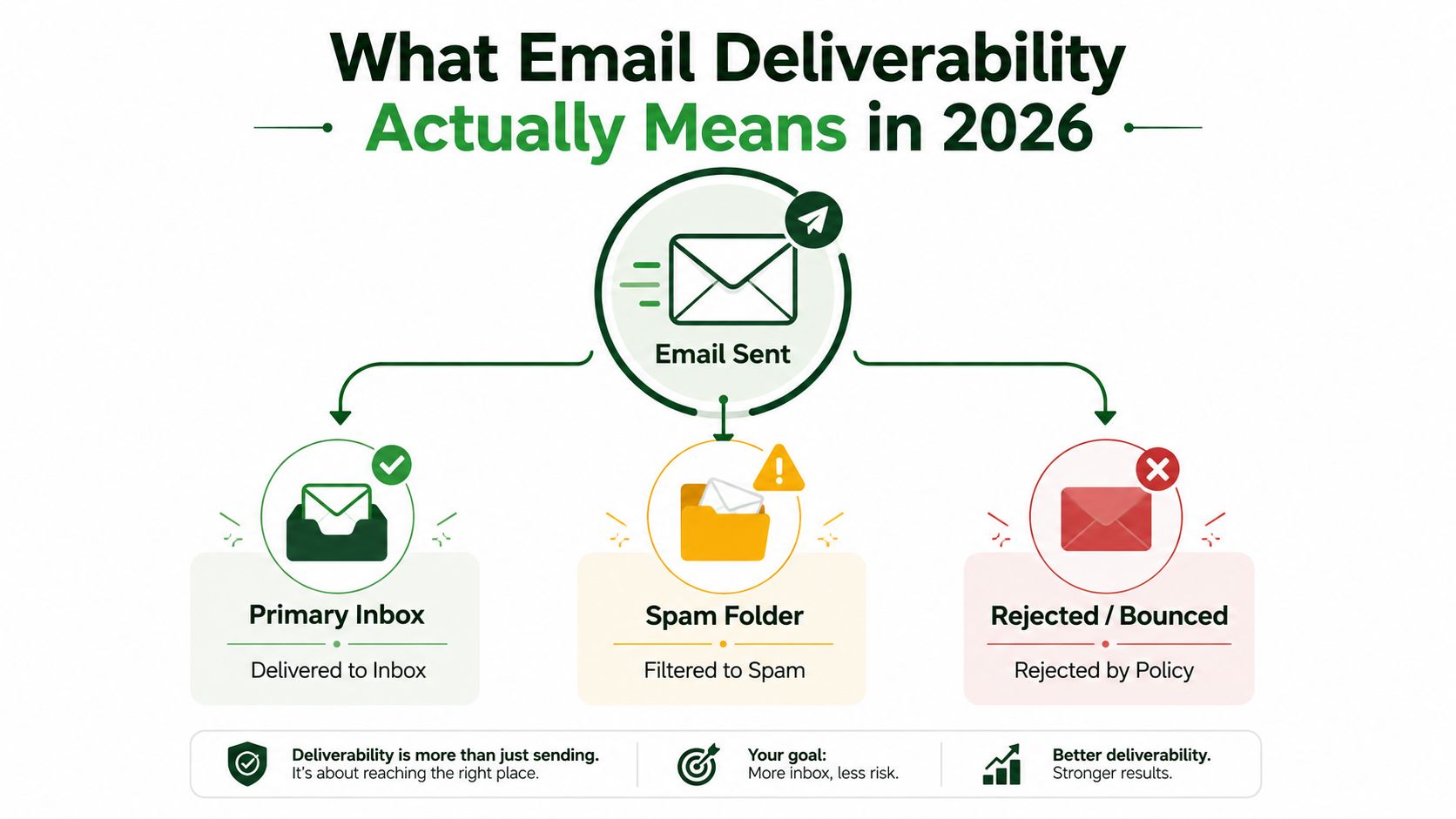 An infographic illustrating email deliverability outcomes including primary inbox, spam folder, and rejected or bounced emails.