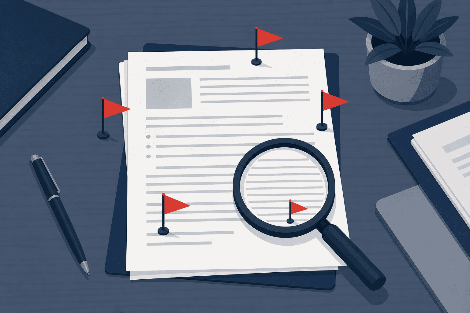 A flat design illustration of a contract document on a desk with several red warning flag icons placed around it, a magnifying glass hovering over fine print clauses, muted corporate color palette of navy blue, gray, and red accents, clean minimalist style, no people, no text or labels anywhere in the image