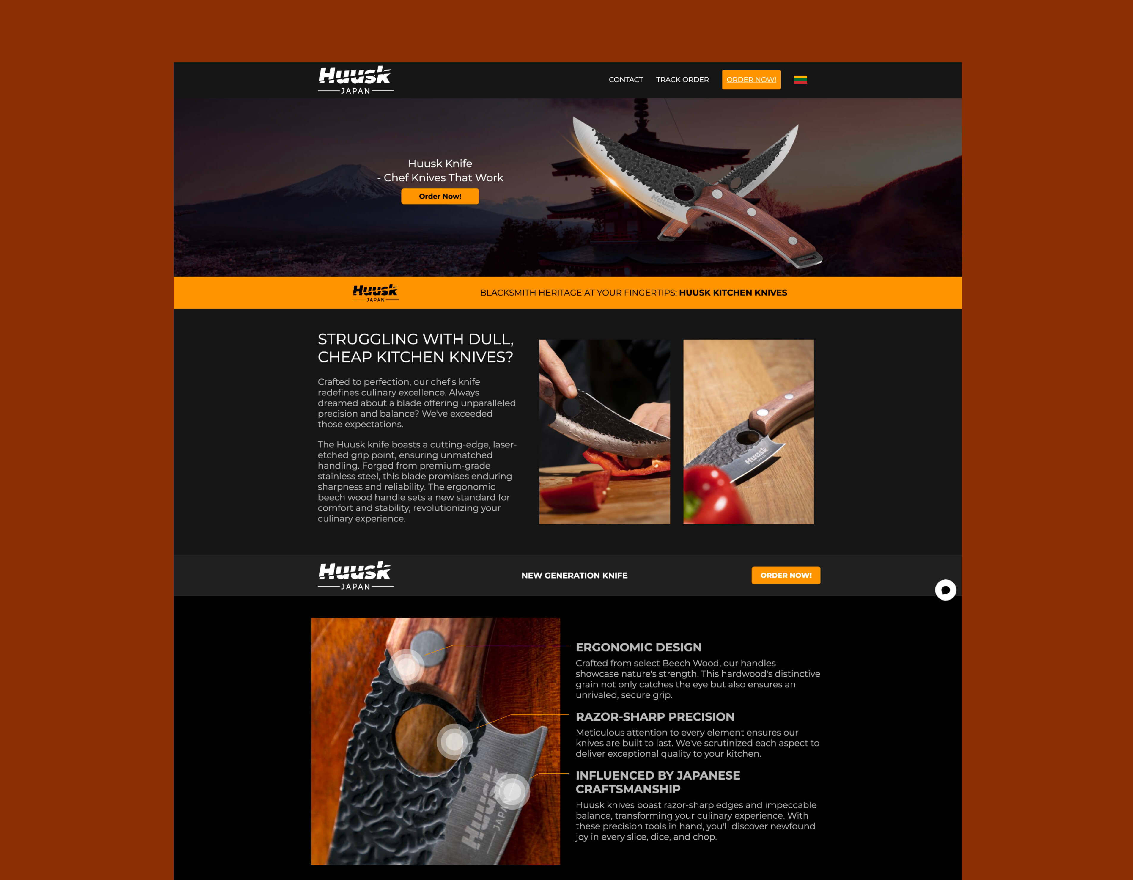 Huusk Japanese knife marketing showing traditional blacksmith imagery