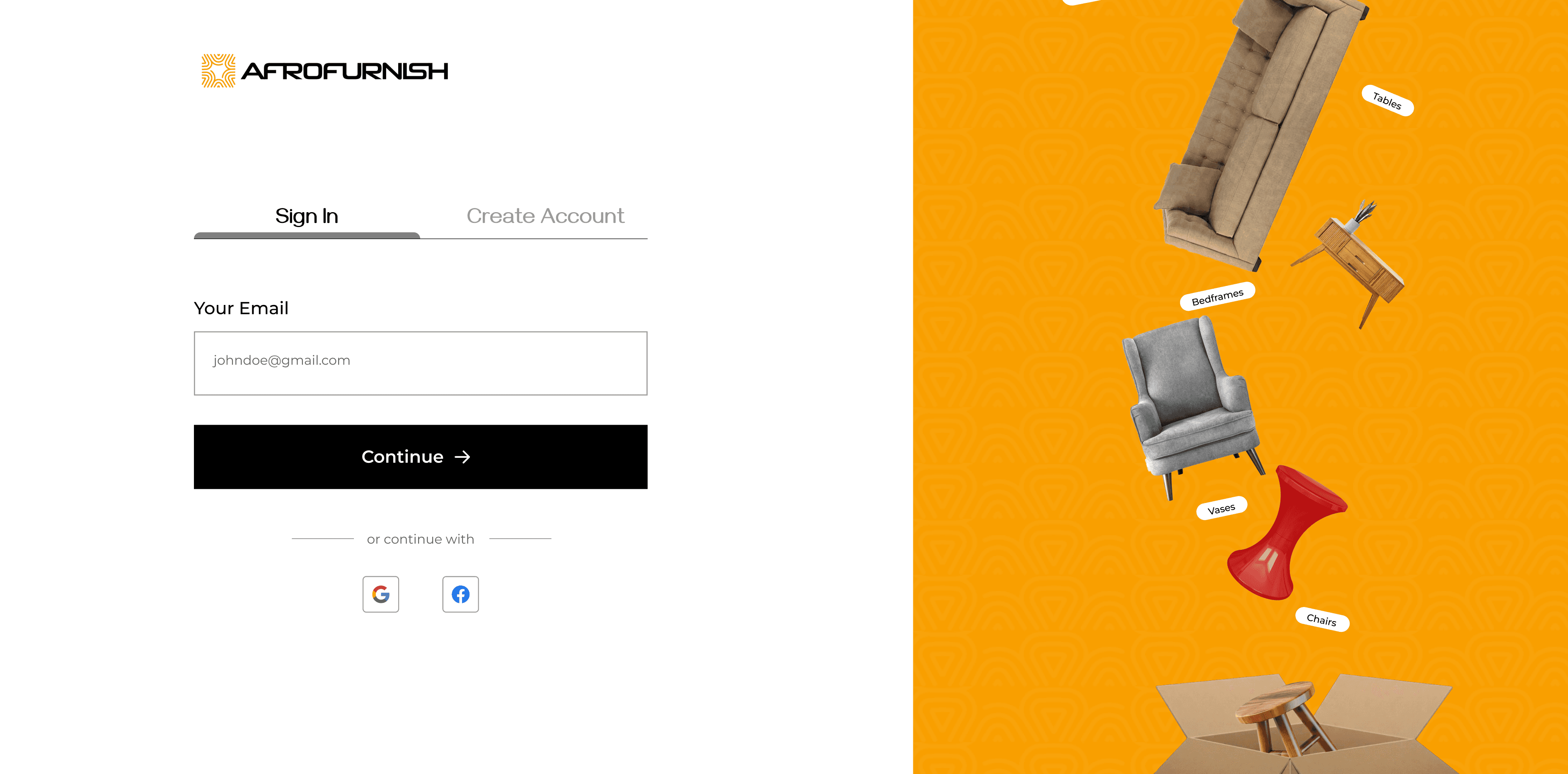 The authentication page of the Afrofurnish website for new user and existing users to access furniture items and pieces