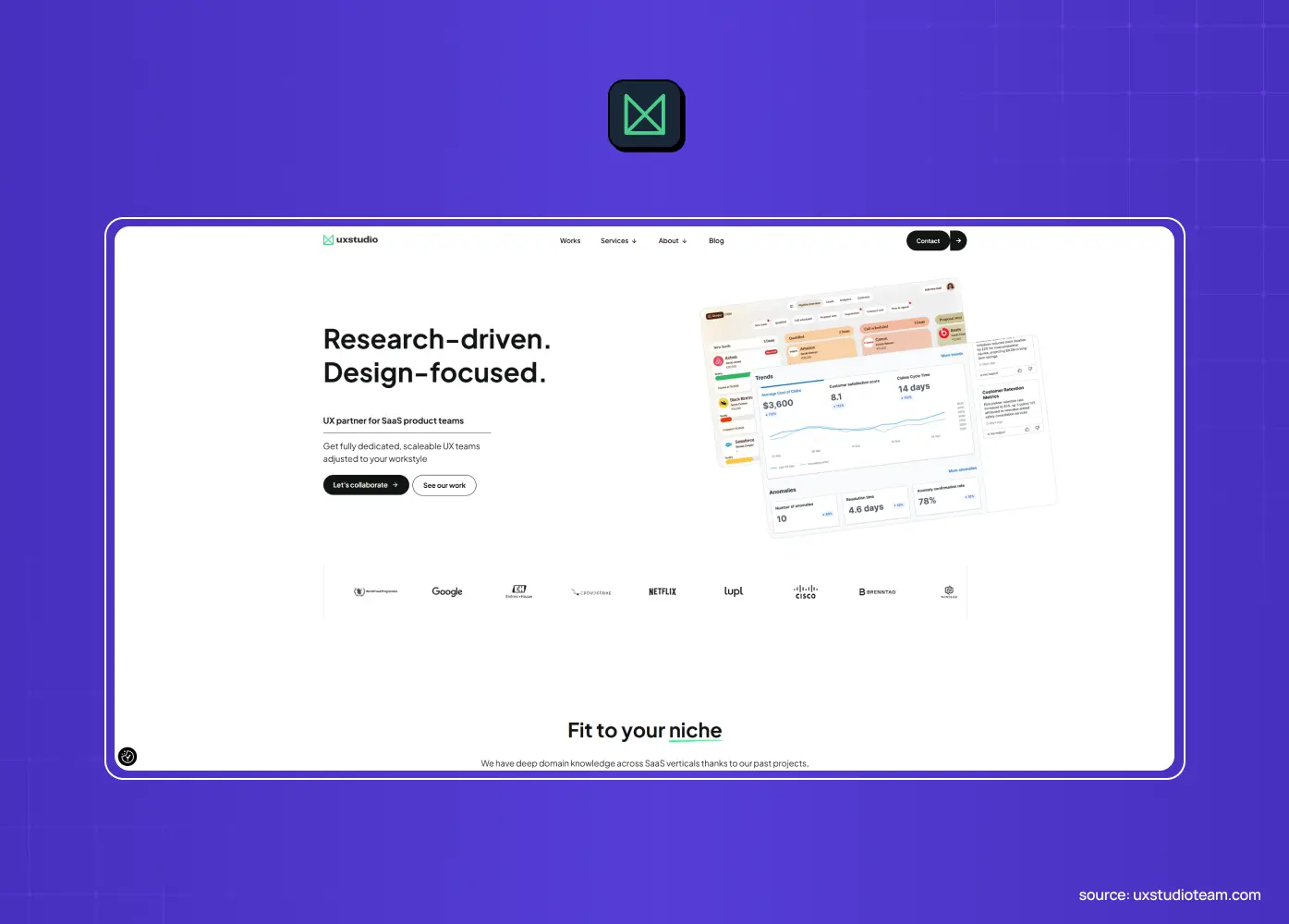 UX studio website featuring the headline “Research-driven. Design-focused.” with a SaaS dashboard interface and client logos.
