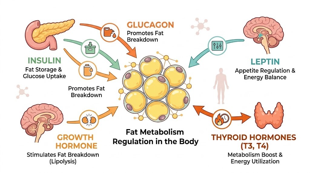A flat vector medical infographic illustrating how hormones regulate fat metabolism. Central adipocytes (fat cells) show arrows from the pancreas and brain. Labeled hormones and their functions include: Insulin (Fat Storage & Glucose Uptake), Glucagon (Promotes Fat Breakdown), Growth Hormone (Stimulates Lipolysis), Leptin (Appetite Regulation & Energy Balance), and Thyroid Hormones (Metabolism Boost & Energy Utilization). It uses soft pastel colors on a white background.