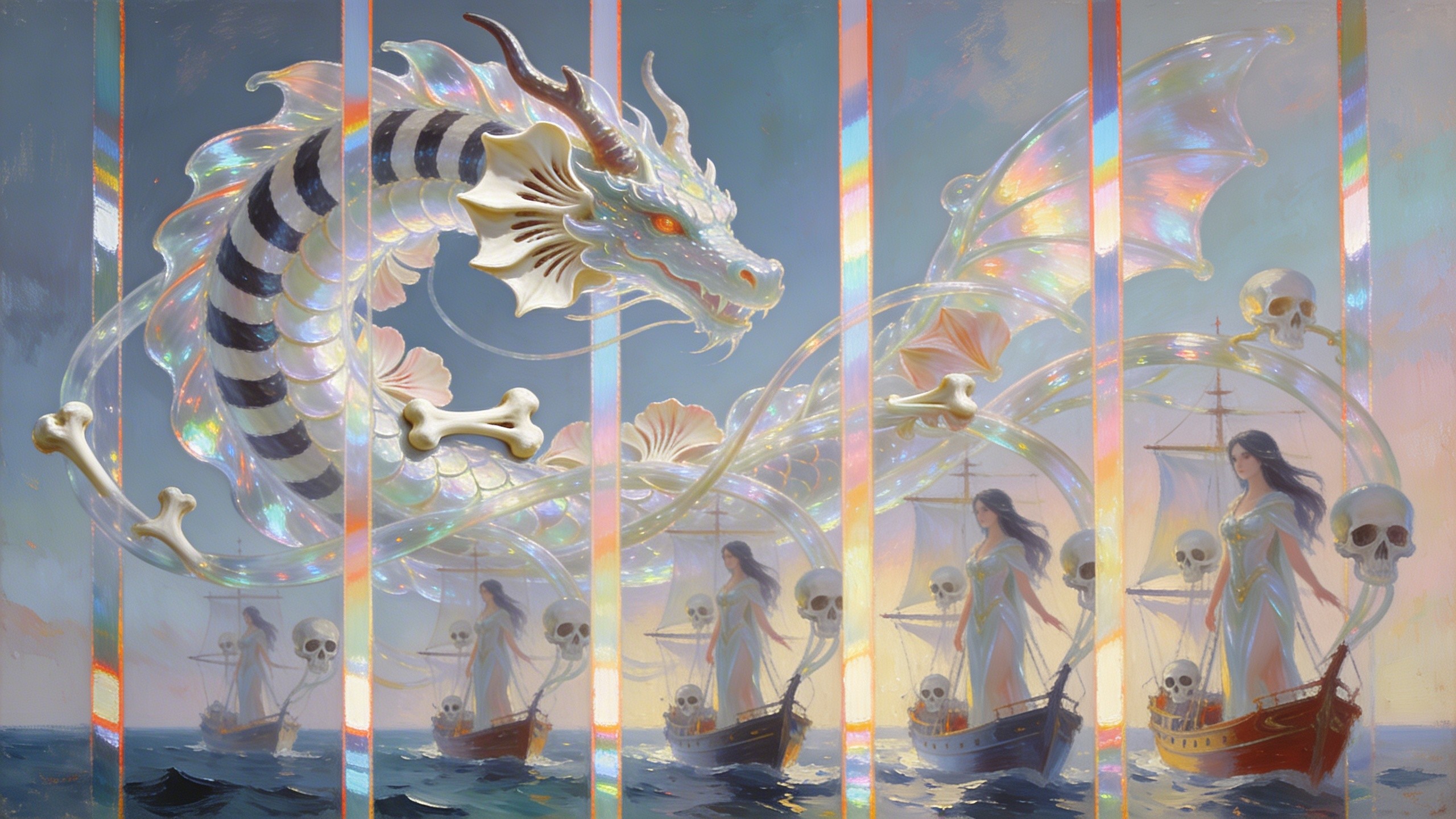 A striped dragon’s scales transition into bone petals while acrylic tendrils weave between ships at sea