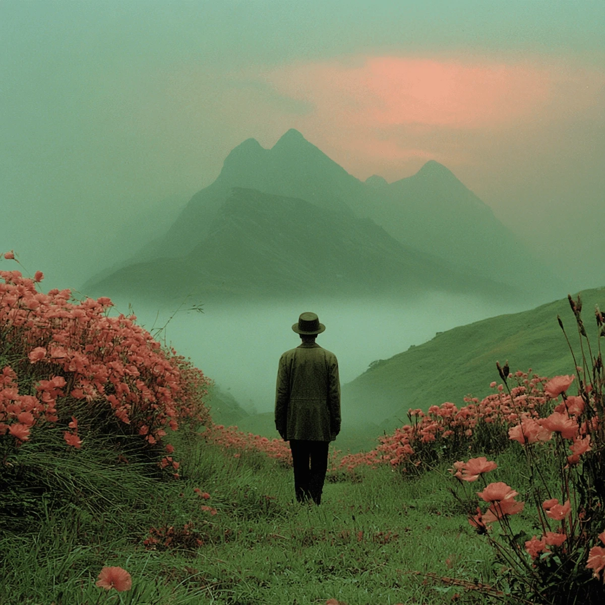 Person in a hat overlooking a misty, green mountain valley.