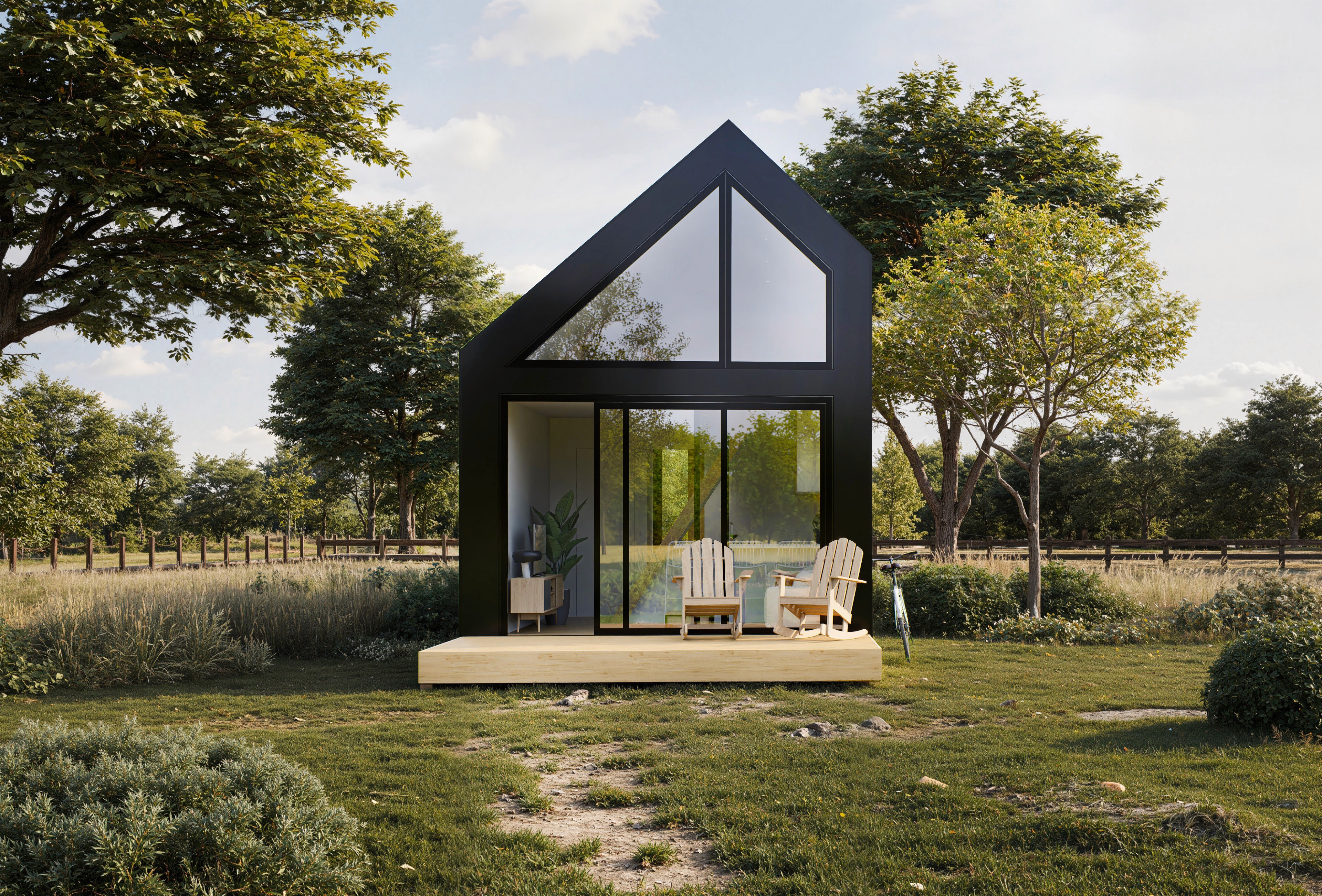 Child walking on a wooden beam with a large tree and swing nearby in a courtyard of modern wooden houses, while another person adjusts a bicycle.