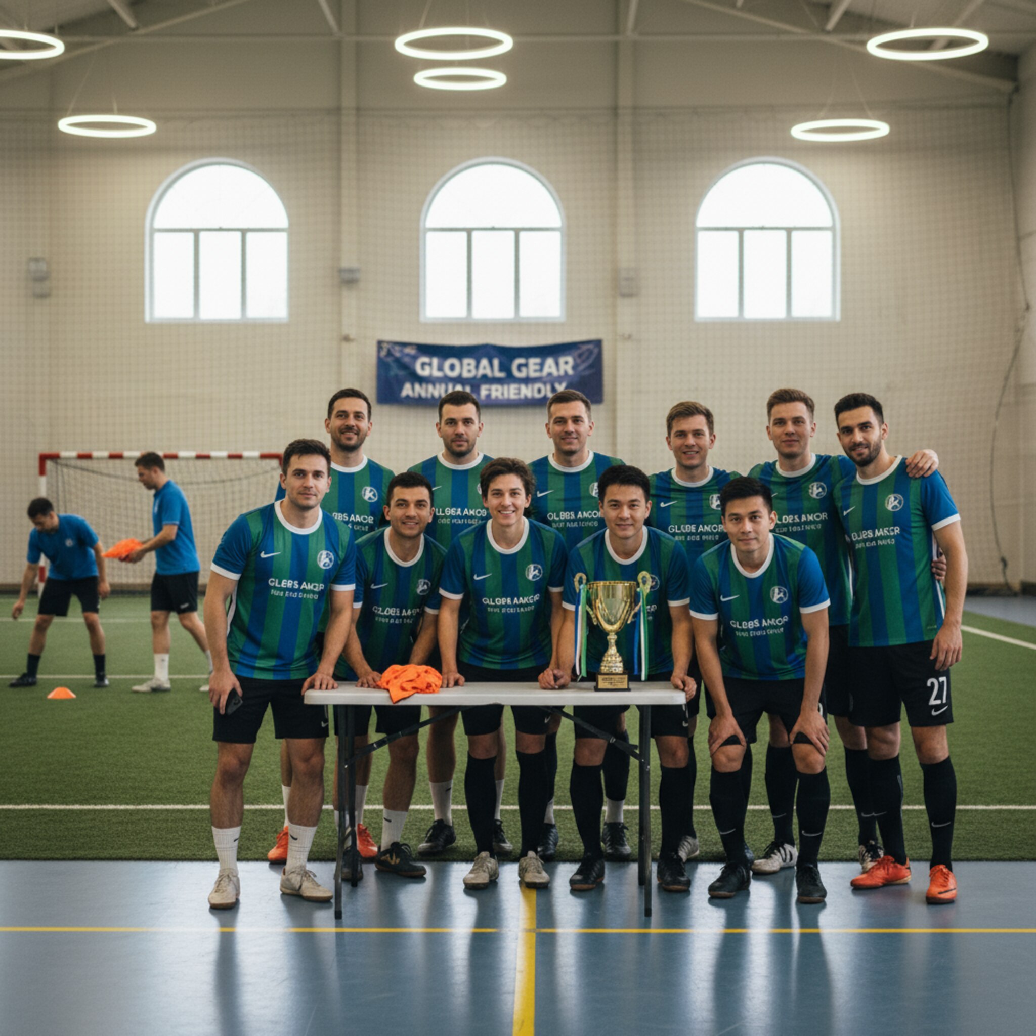 Ein Firmenteam in einheitlichen Shirts stellt sich für ein Gruppenfoto auf, noch leicht außer Atem. Nebenan steht ein kleiner Pokal auf einem Tisch, Bänder in Vereinsfarben. Auf dem Court werden Hütchen abgebaut, Stimmen hallen angenehm. Die Szene wirkt wie ein gelungenes Event mit klarer Struktur.