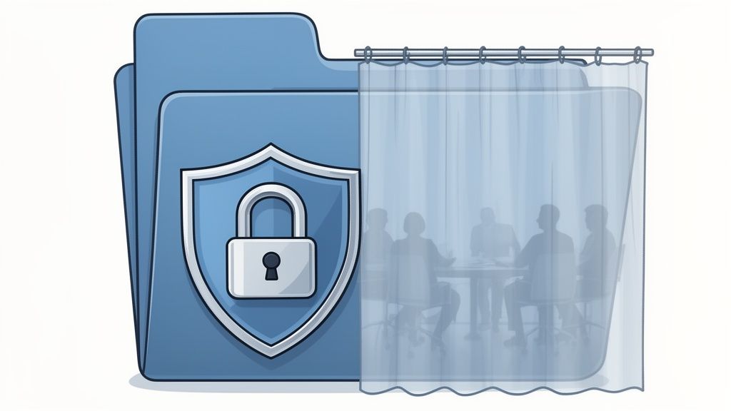 A blue file folder with a security shield and padlock partially covers a confidential meeting behind a translucent curtain.