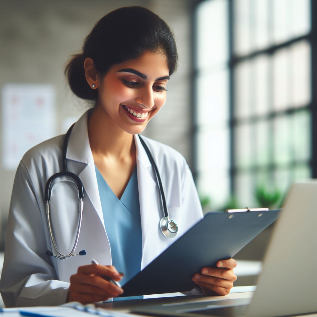 Médica olhando satisfeita para atestado corretamente preenchido