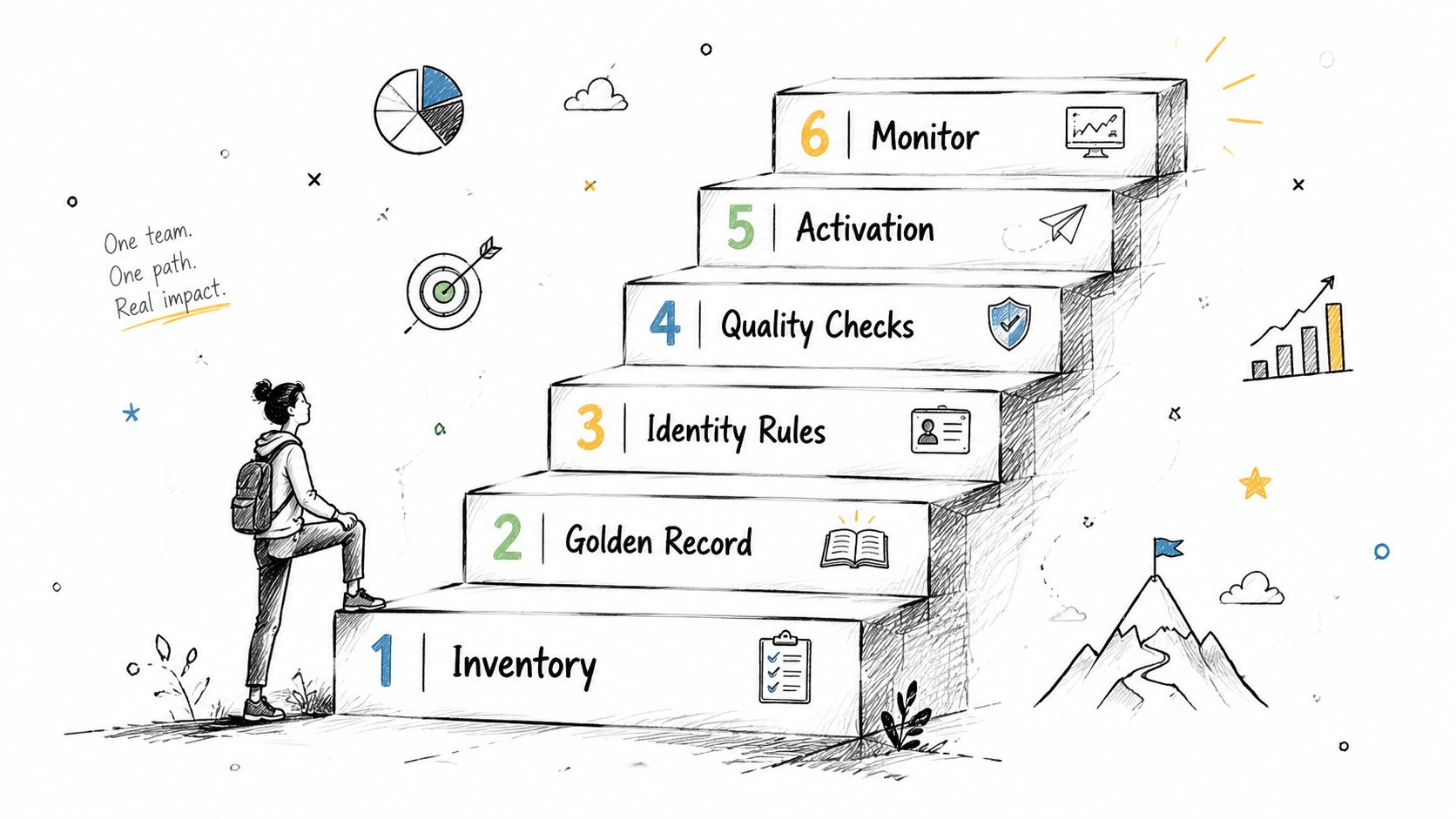 A sketched illustration of a person stepping up a staircase, representing a six-step customer data integration process.