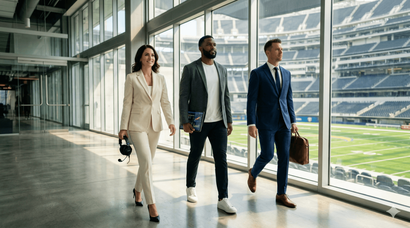 Athletes wearing professional outfits walking in a stadium