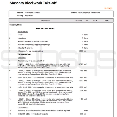 Screenshot of Final SoQ Concrete takeoff report by SubsQS Ltd