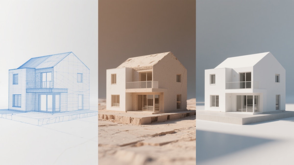 Terracotta stucco space with intersecting arches and warm sunlight creating geometric shadows.