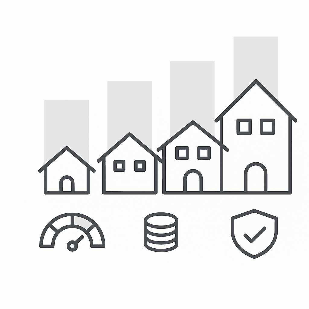 Four progressively larger house icons with bars showing relative FHA loan limits for Austin property types