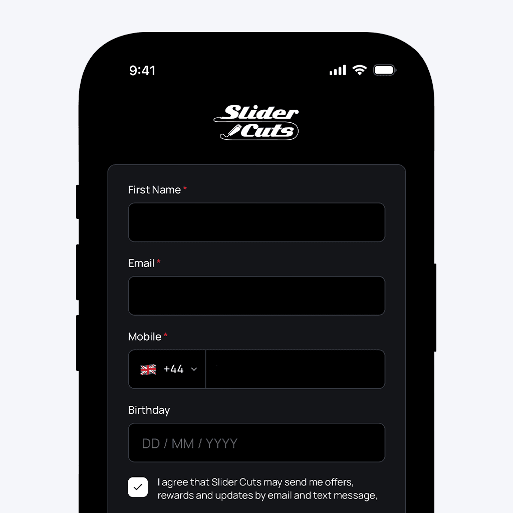 A smartphone displaying a black and white digial loyalty card with barber icons and text options.
