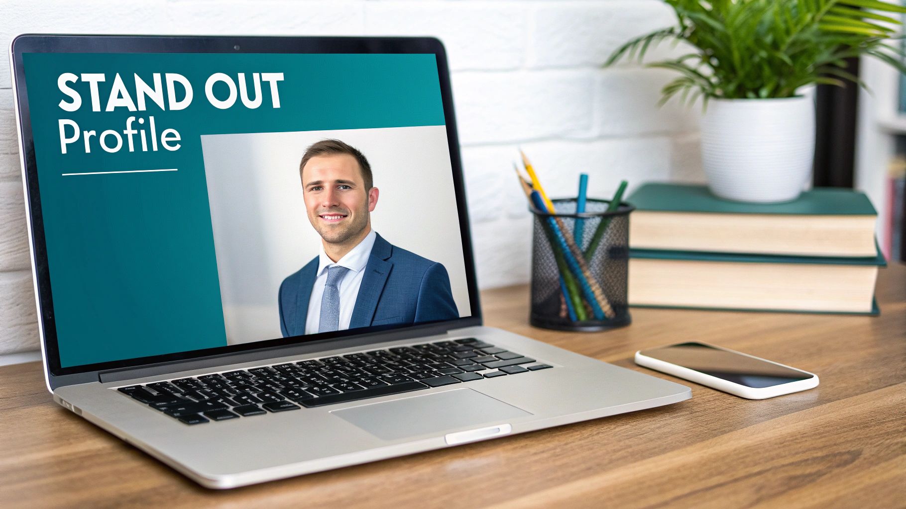 A laptop displaying 'STAND OUT Profile' and a smiling professional man's photo, with office supplies on a wooden desk.