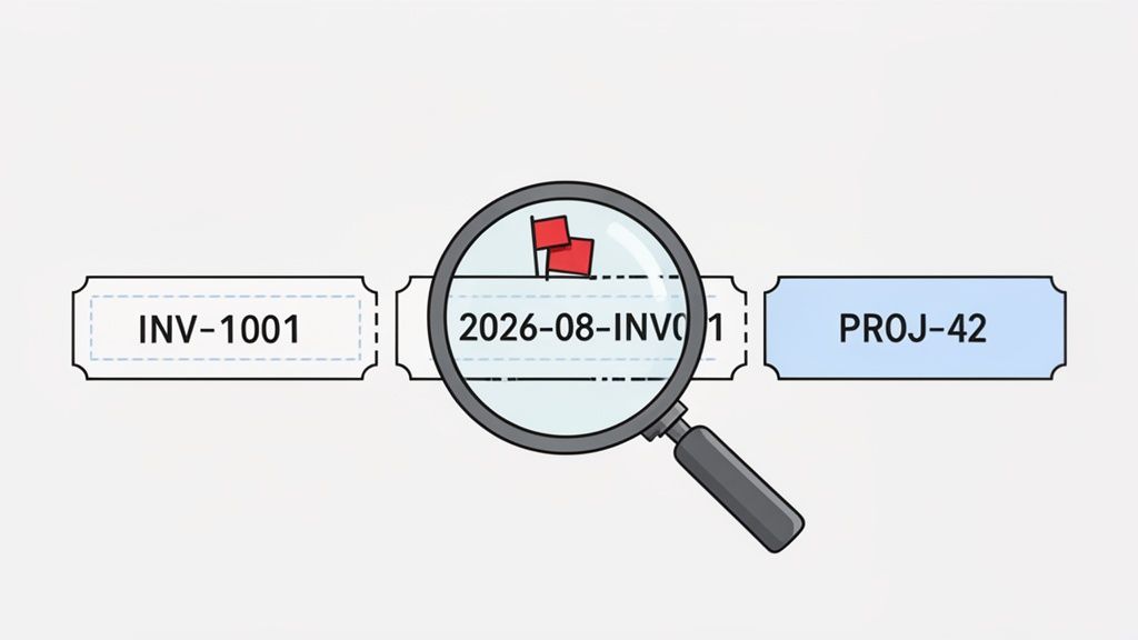 A magnifying glass inspecting an invoice number '2026-08-INV01' among other labels, highlighted with red flags.