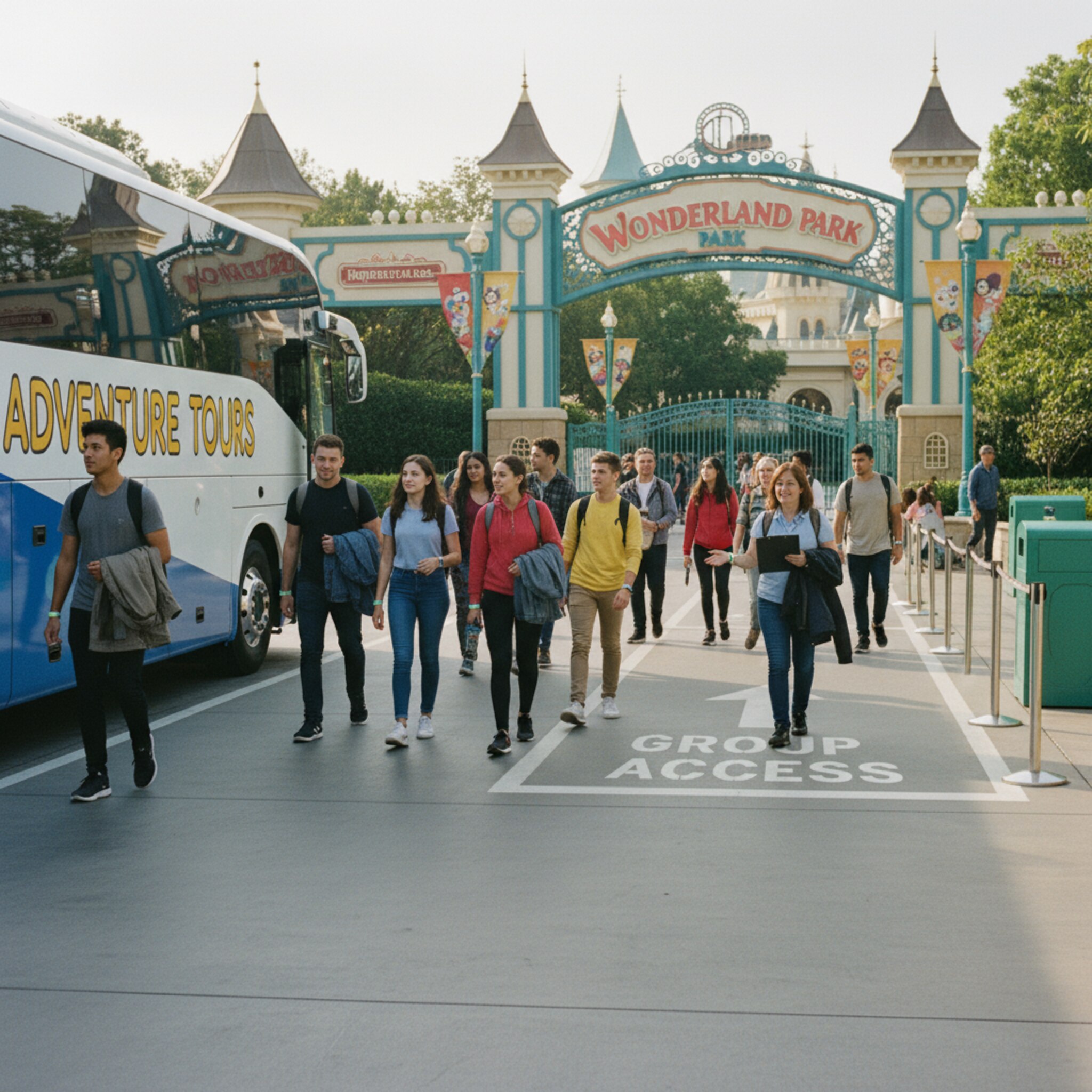 Ein Reisebus hält auf einem ausgewiesenen Bereich, während eine Gruppe mit identischen Armbändern gesammelt zum Eingang geht. Eine betreuende Person zählt ruhig durch und deutet auf einen separaten Zugang. Die Szene wirkt koordiniert, freundlich und strukturiert vorbereitet.
